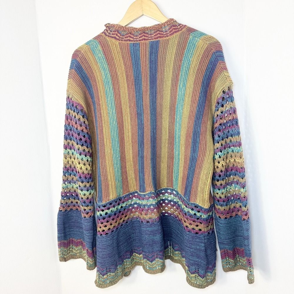 Open Knit Rainbow Cardigan Sweater Crochet Bell Sleeve Women L Beach Boho Indie - Picture 4 of 9